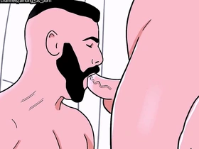 Bearded straight man sucks a male bottom's ass then the bottom sucks the straight's cock - animated gay porn