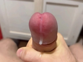 Cumming in close-up with a massive portion of cum in slow motion / big uncut veiny cock / pissing